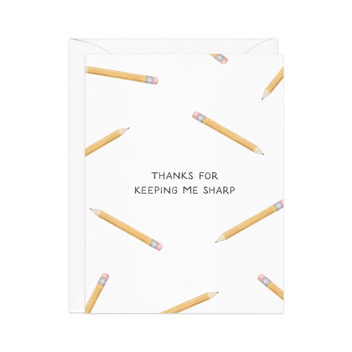 Keeping Me Sharp Pencil Pun Teacher Thanks Card featuring a scattered pattern of yellow pencils with pink erasers, text reads Thanks for Keeping Me Sharp, white envelope behind