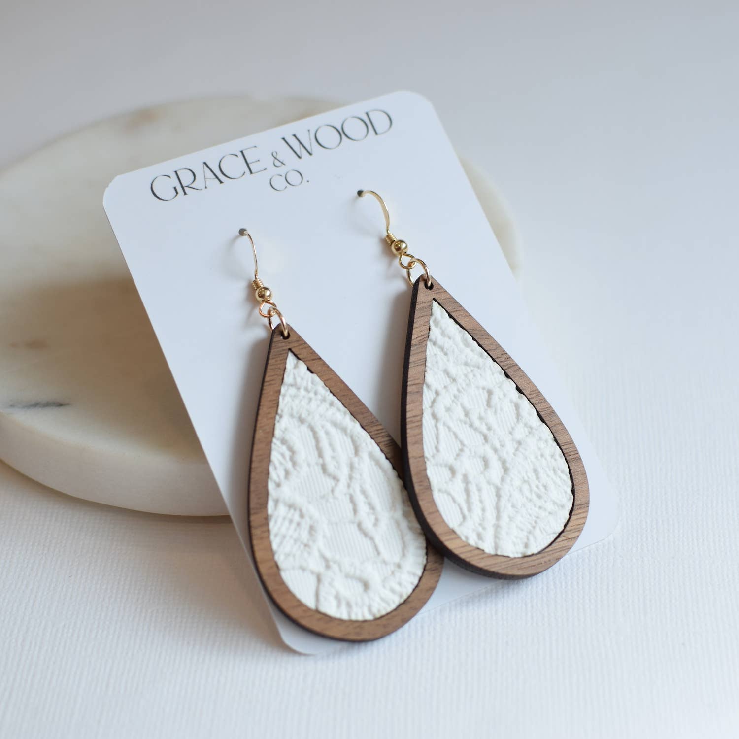 White Lace Wood + Cork Teardrop Earrings