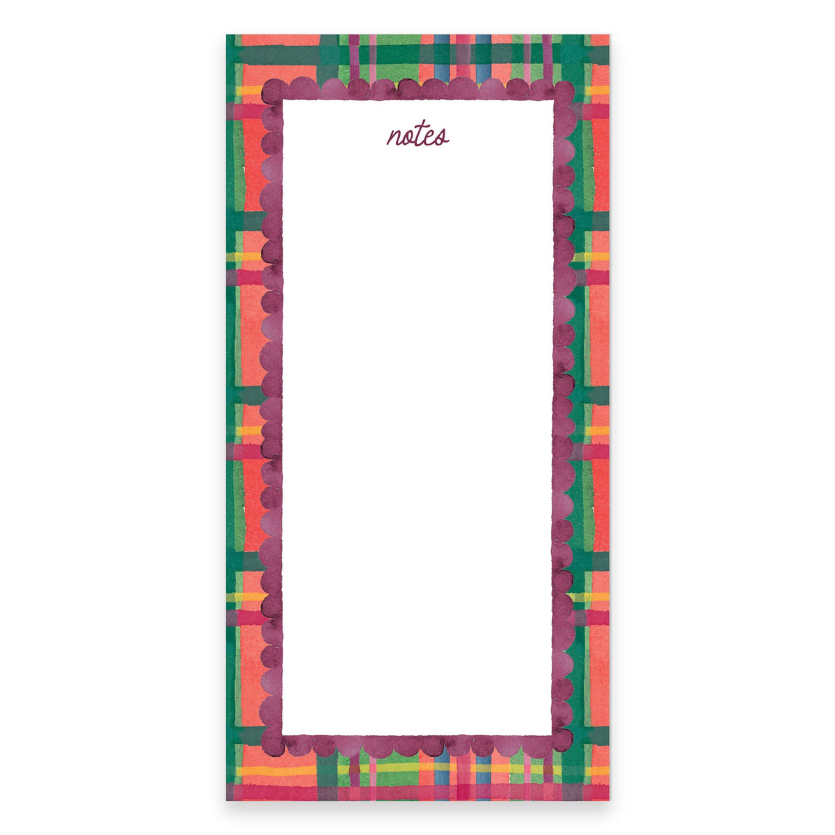 Holiday Plaid notepad with notes in script at the top, in a red, green and pink plaid border with a plum scalloped edge