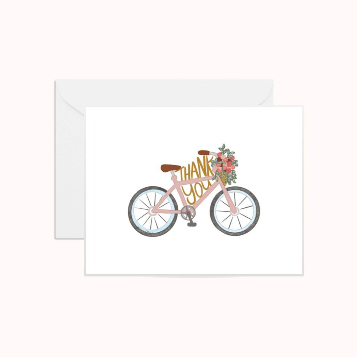 Thank You Bike Thank You Card featuring a pink bicycle with a flower basket, gold text reading Thank You along the frame, white envelope behind