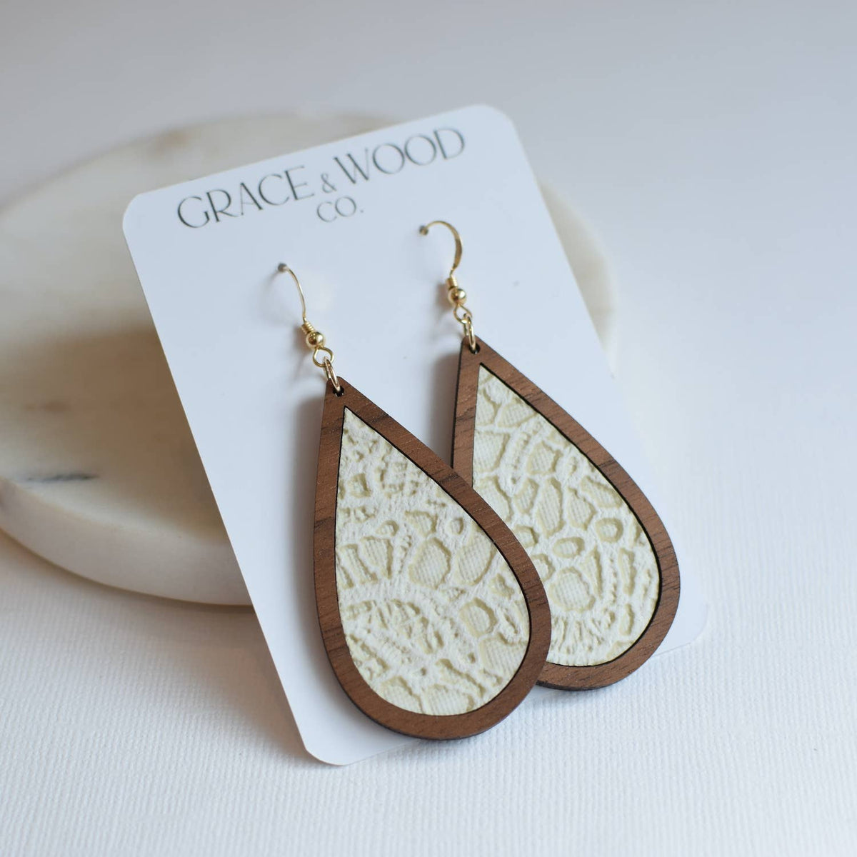 Alabaster Lace Wood + Cork Teardrop Earrings