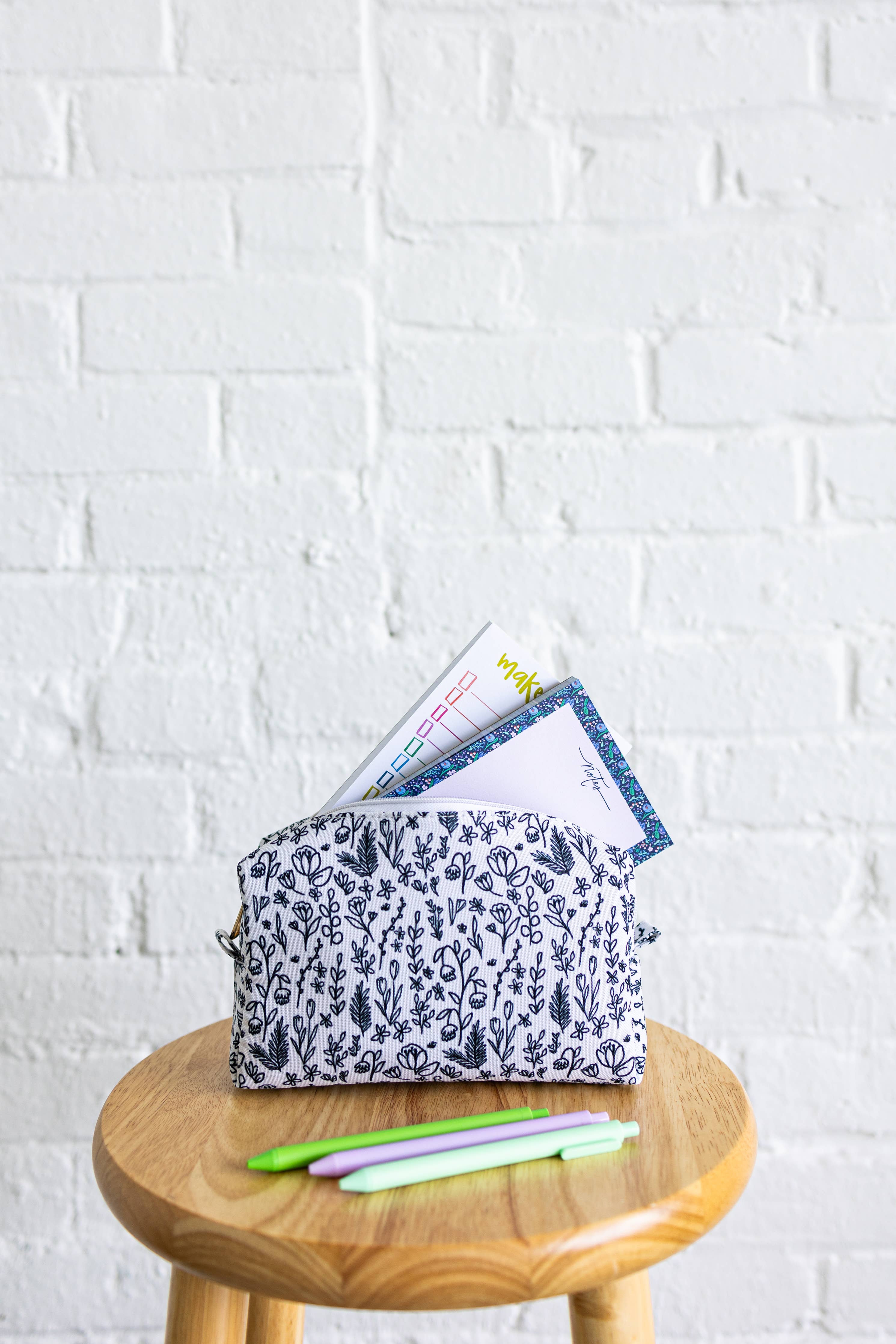 Inked Floral Zipper Pouch