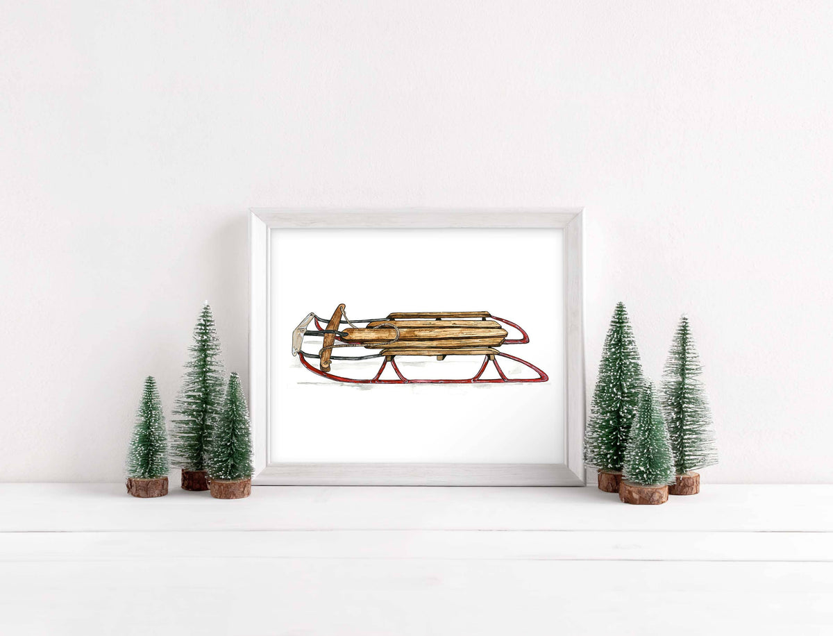Vintage Sled Watercolor Art Print