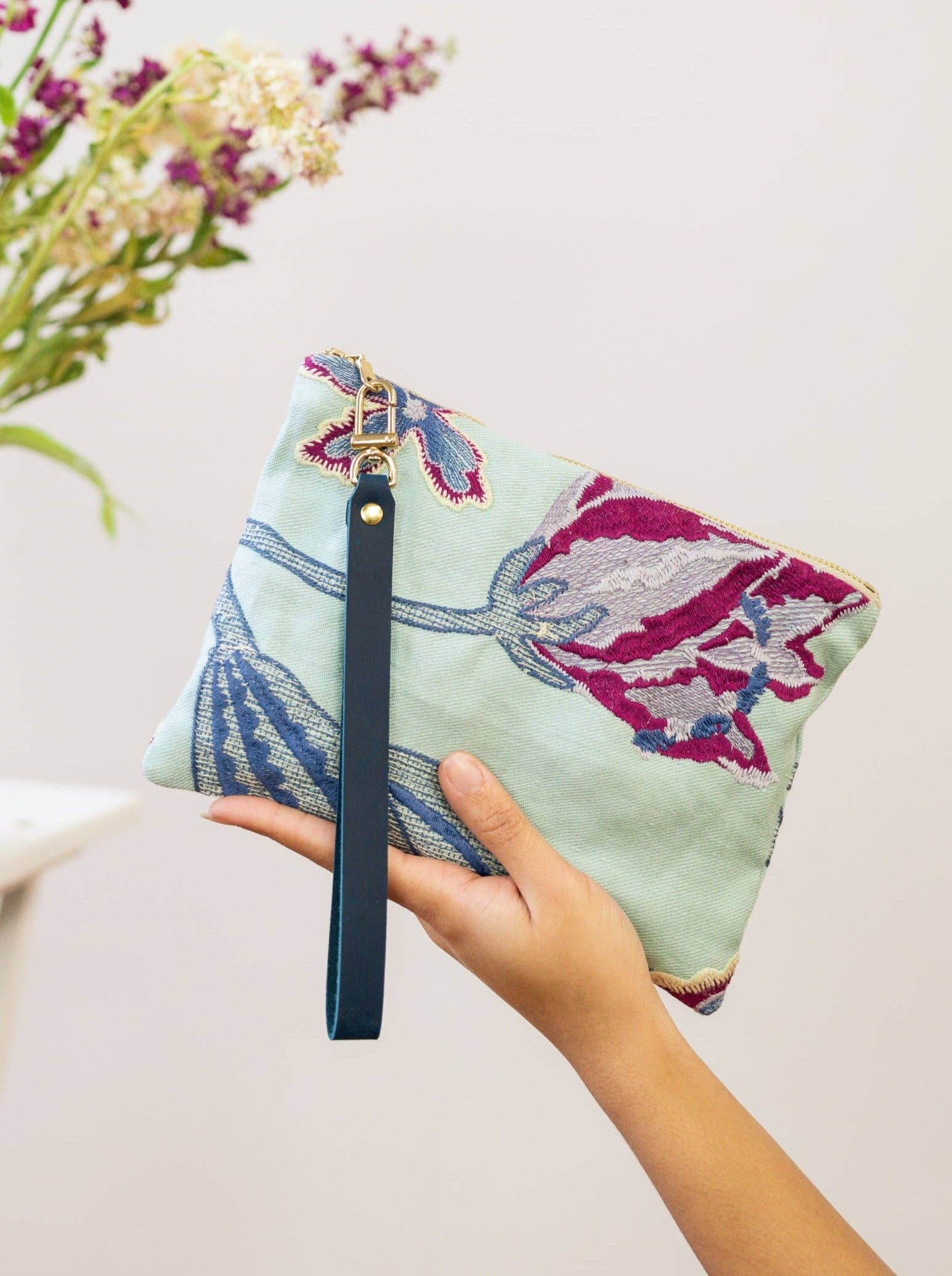 Enchanting Azure Embroidered Wristlet Purse