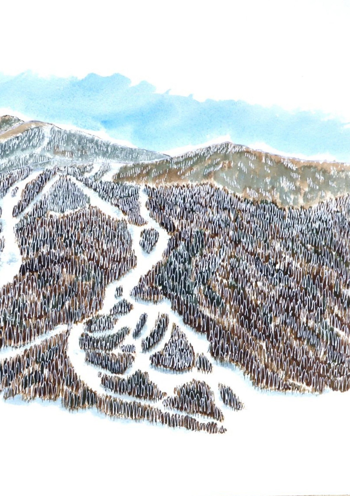 Detail of the Loon South Peak watercolor print, showing the ski trails cutting through the forested slope