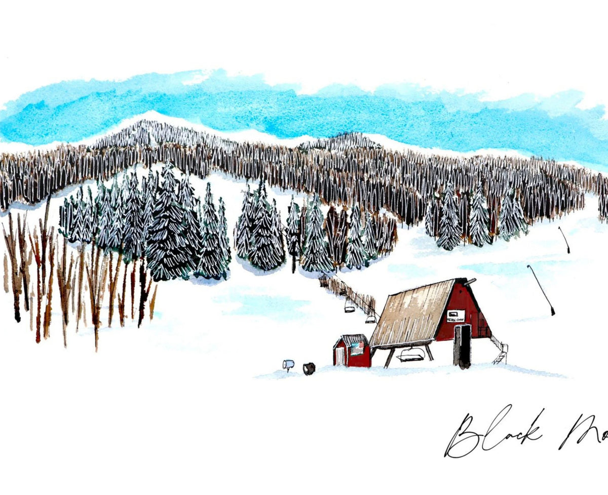 Detail of the Black Mountain Ski Area watercolor print, showing the red chairlift barn and forested slope