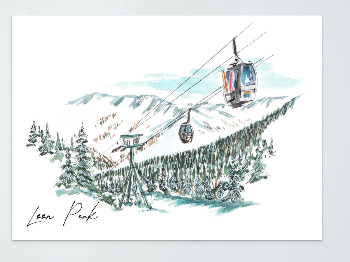 Loon Peak watercolor and ink art print — ski gondola cabins over snow-covered pine trees with the Loon Mountain range behind, signed "Loon Peak" by the artist